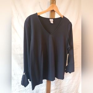 Chico's Black Faux Pearl Detail Top Womens Size 2 LarStretch V Neck 3/4 Sleeve